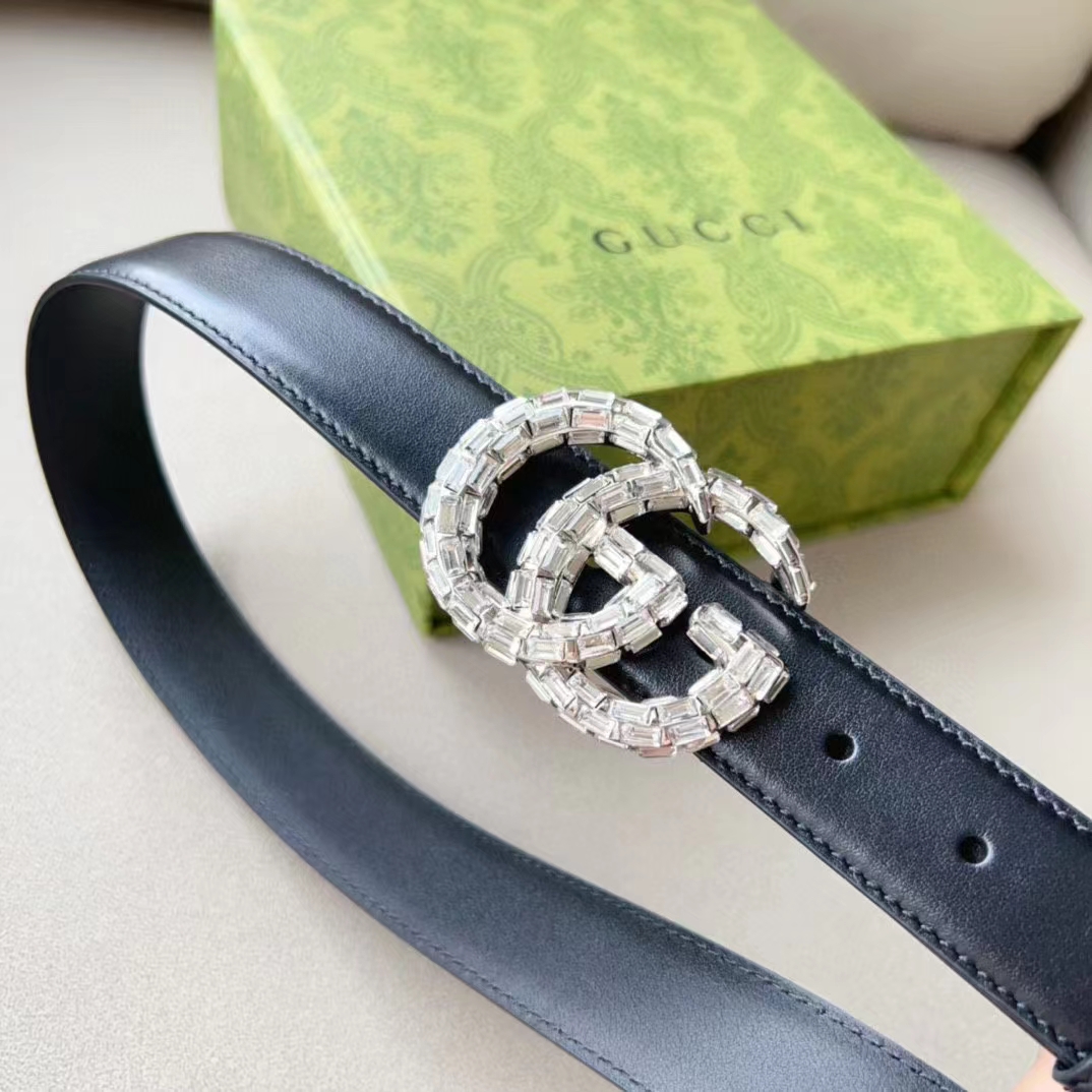 Gucci Unisex GG Marmont Thin Belt Crystals Black Leather Double G Buckle 3 CM Width