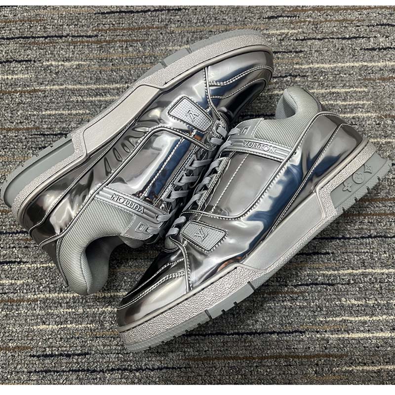 Louis Vuitton Unisex LV Trainer Sneaker Silver Metallic Canvas Rubber Outsole Monogram Flowers