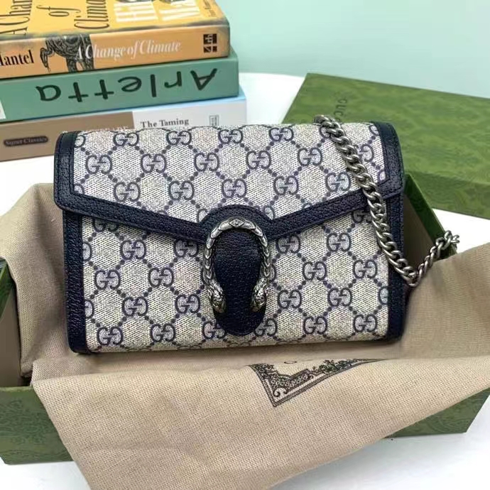 Gucci Women Dionysus GG Mini Chain Wallet Beige Blue GG Supreme Canvas Leather