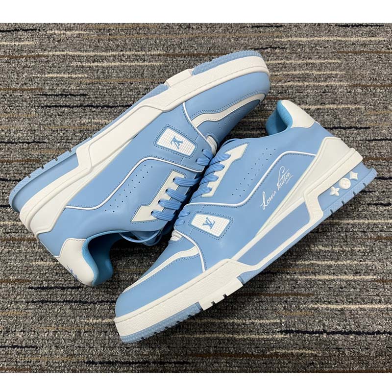 Louis Vuitton LV Unisex Trainer Sneaker Blue Mix Materials 54 Rubber Outsole Monogram Flowers