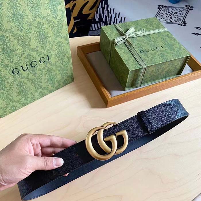 Gucci Unisex GG Wide Leather Belt Double G Buckle 3.8 CM Width Black Metal-Free Tanned