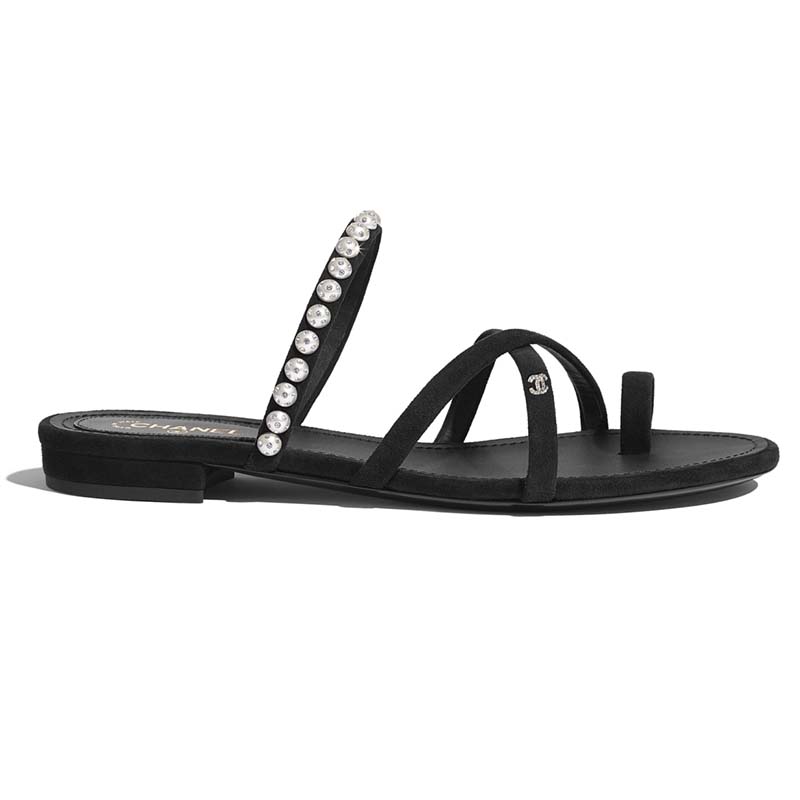 Chanel Women Mules Kid Suede Pearls & Strass Black 1.5 cm Heel