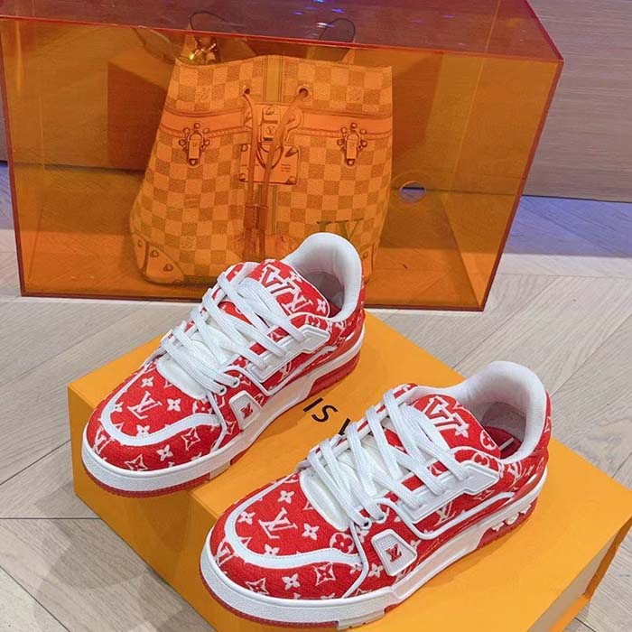 Louis Vuitton LV Unisex LV Trainer Sneaker Red Monogram Textile Rubber Outsole