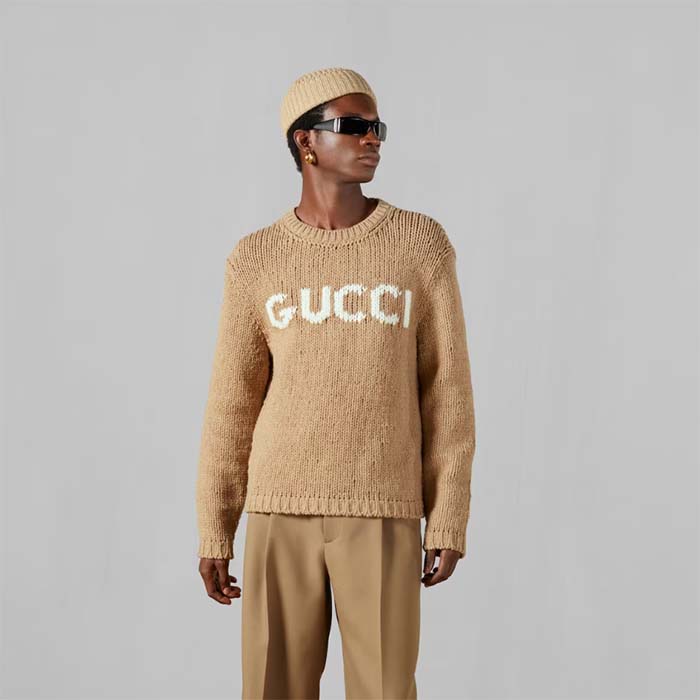 Gucci Men GG Wool Top Gucci Intarsia Camel Wool Crewneck Dropped Shoulder Long Sleeves Rib