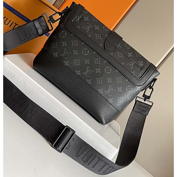 Louis Vuitton LV Unisex Saumur Messenger Monogram Eclipse Coated Canvas Black Leather