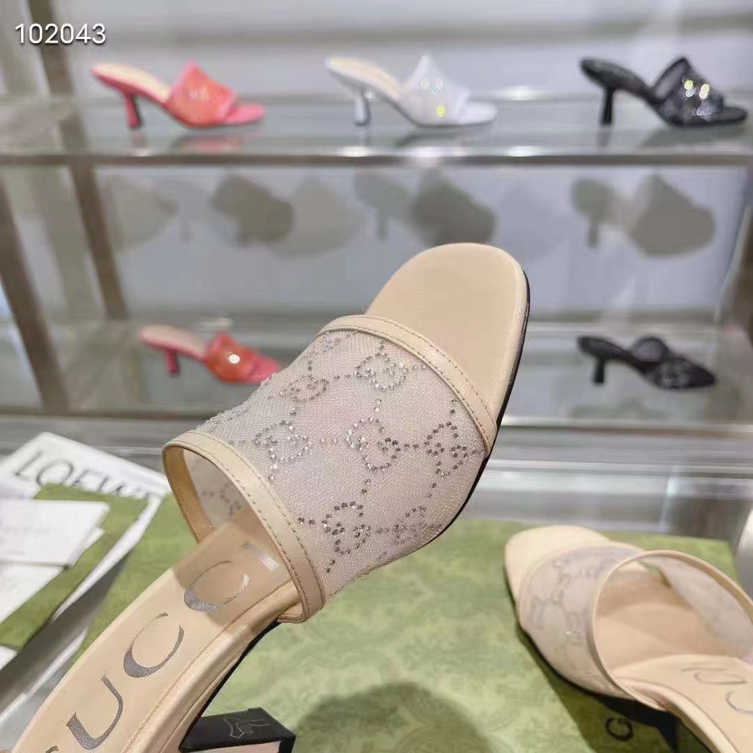 Gucci Women GG Mid Heel Slide Sandal Rose Beige GG Crystal Mesh 7.6 CM Heel