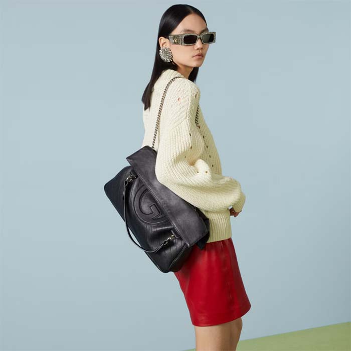 Gucci Unisex Blondie Medium Tote Bag Black Leather Round Interlocking G