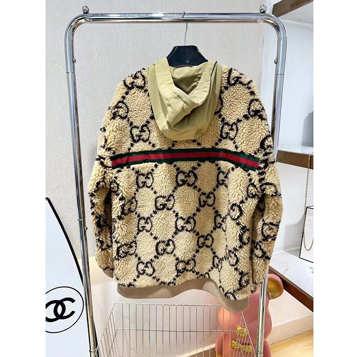 Gucci Women Maxi GG Wool Jersey Jacket Beige Black Polyamide Polyester