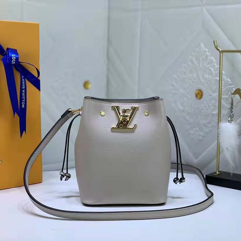 Louis Vuitton LV Women Nano Lockme Bucket Bag Greige Beige Grained Calf