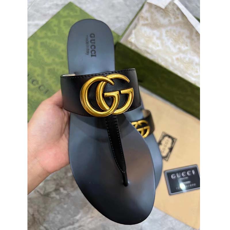 Gucci Women GG Leather Thong Sandal Double G Black Flat