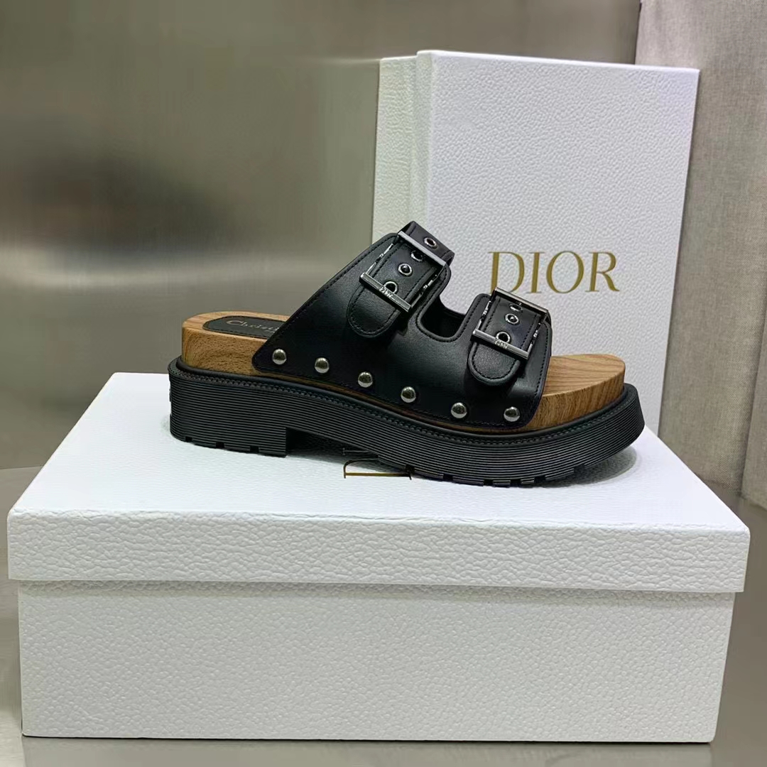 Dior Women Shoes CD Diorquake Strap Slide Black Calfskin Wooden Insole