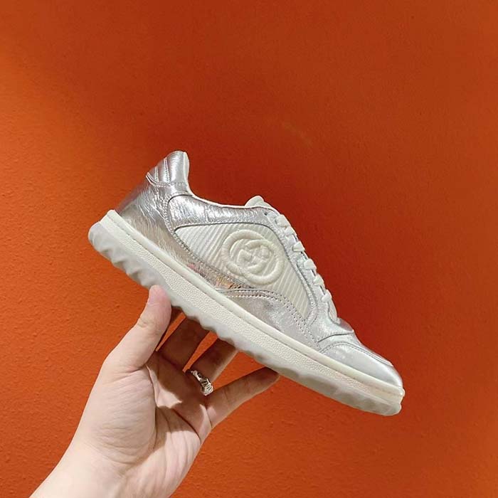 Gucci Unisex GG MAC80 Sneaker Metallic Silver Leather Fabric Round Toe Rubber Flat