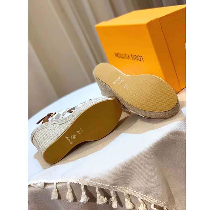 Louis Vuitton LV Women Starboard Wedge Sandal Natural Damier Azur Canvas Calf Leather