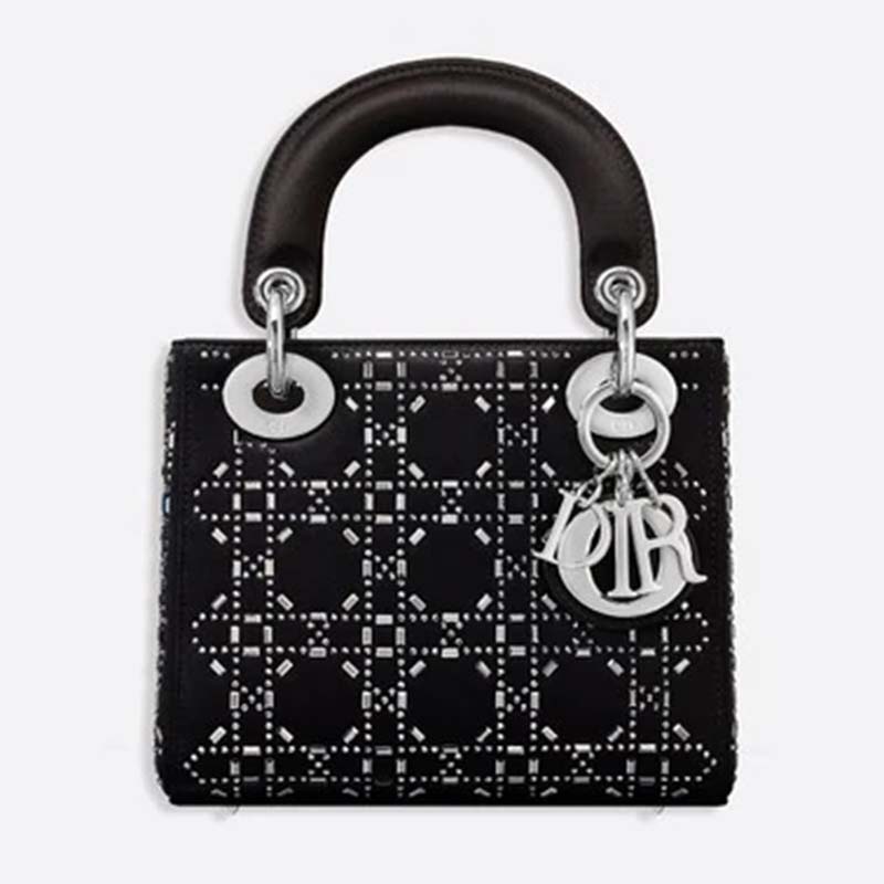 Dior Women Mini Lady Dior Bag Cannage Satin with Rhinestones