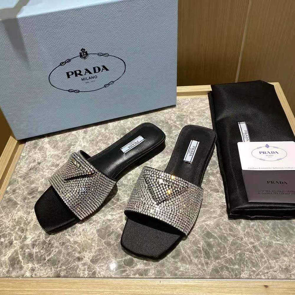 Prada Women Satin Slides with Crystals-Black