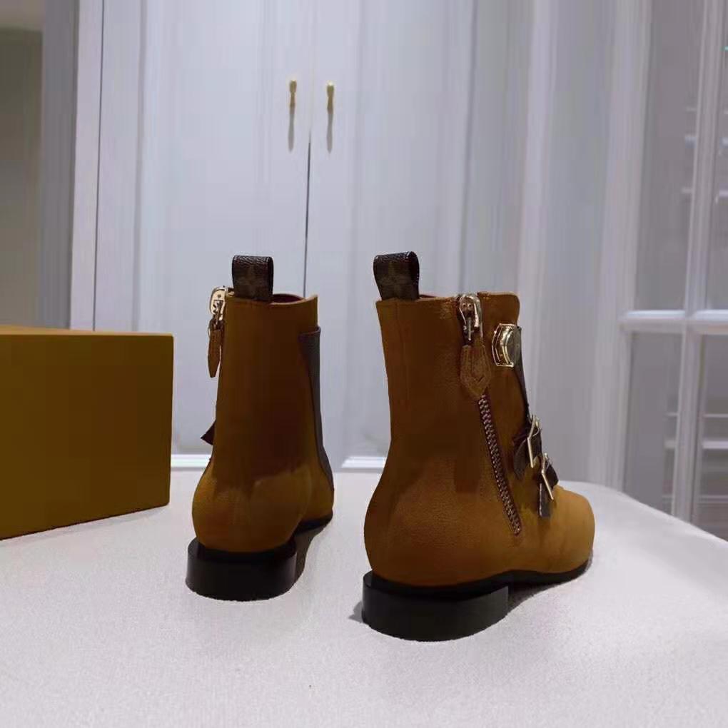 Louis Vuitton LV Women Jumble Flat Ankle Boot in Suede Calf Leather and Patent Monogram Canvas-Brown