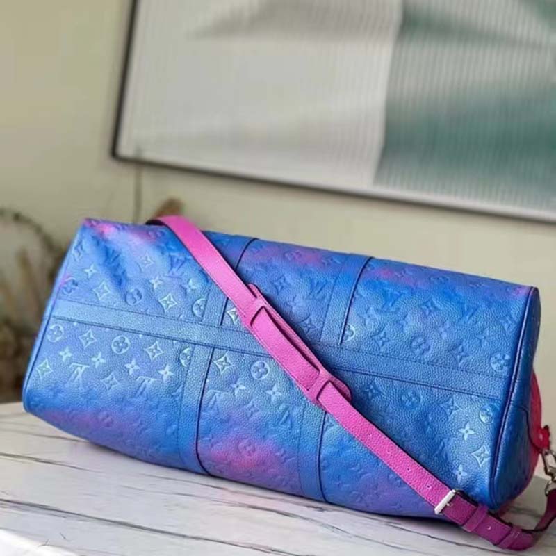 Louis Vuitton LV Unisex Keepall 50B Blue Pink Taurillon Cowhide Leather