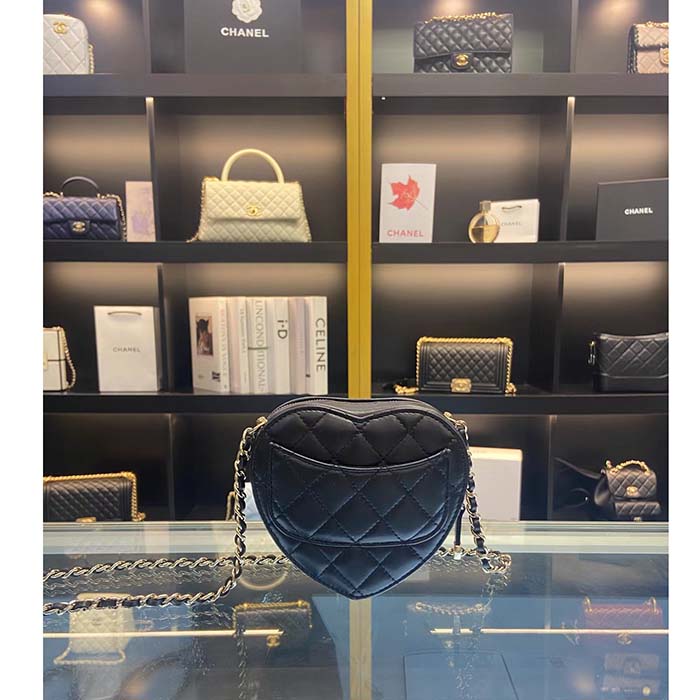 Chanel Women CC Heart Shape Bag Black Calfskin Leather Gold-Tone Metal