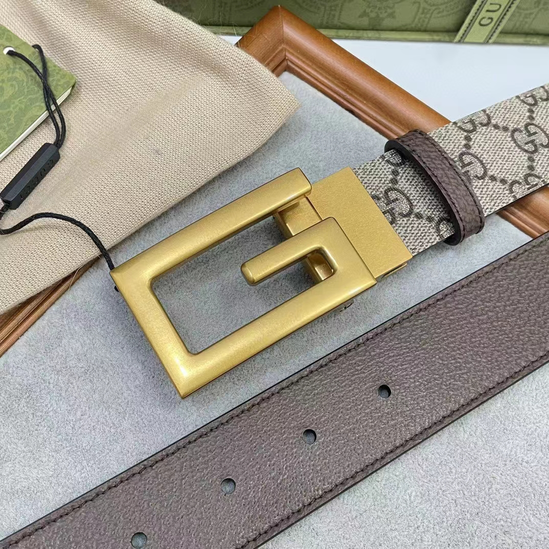 Gucci GG Unisex Reversible Belt Square G Buckle Beige Ebony GG Supreme Canvas