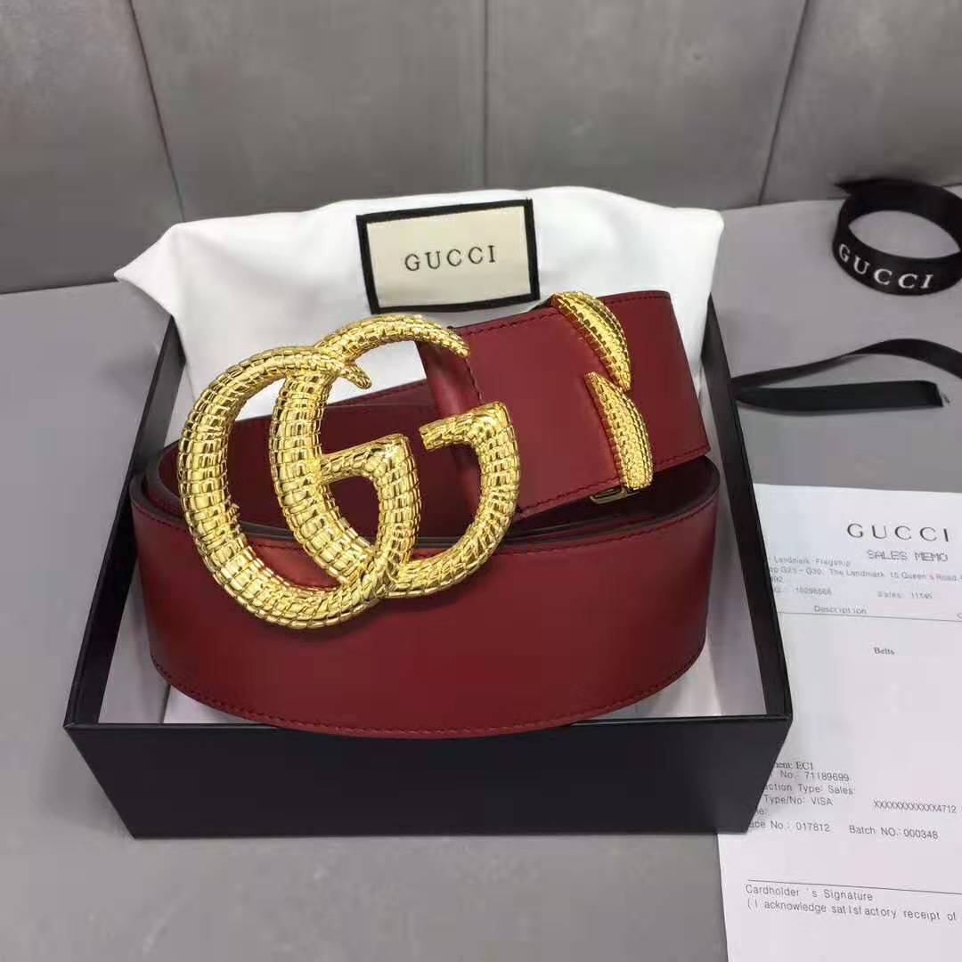 Gucci Unisex Leather Belt with Double G Buckle in Burgundy Leather