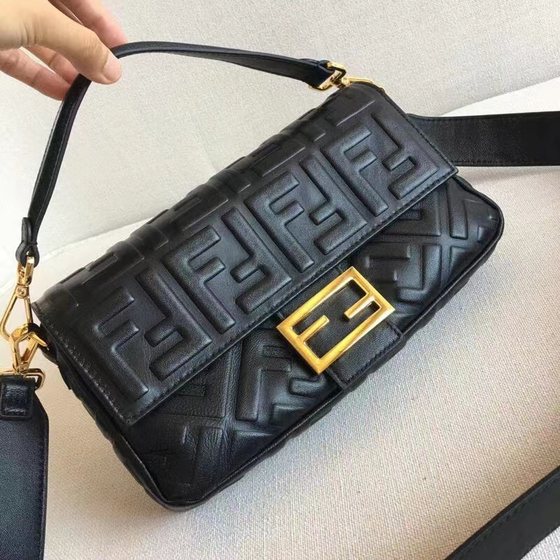 Fendi Women Baguette Chain Midi Black Nappa Leather Bag