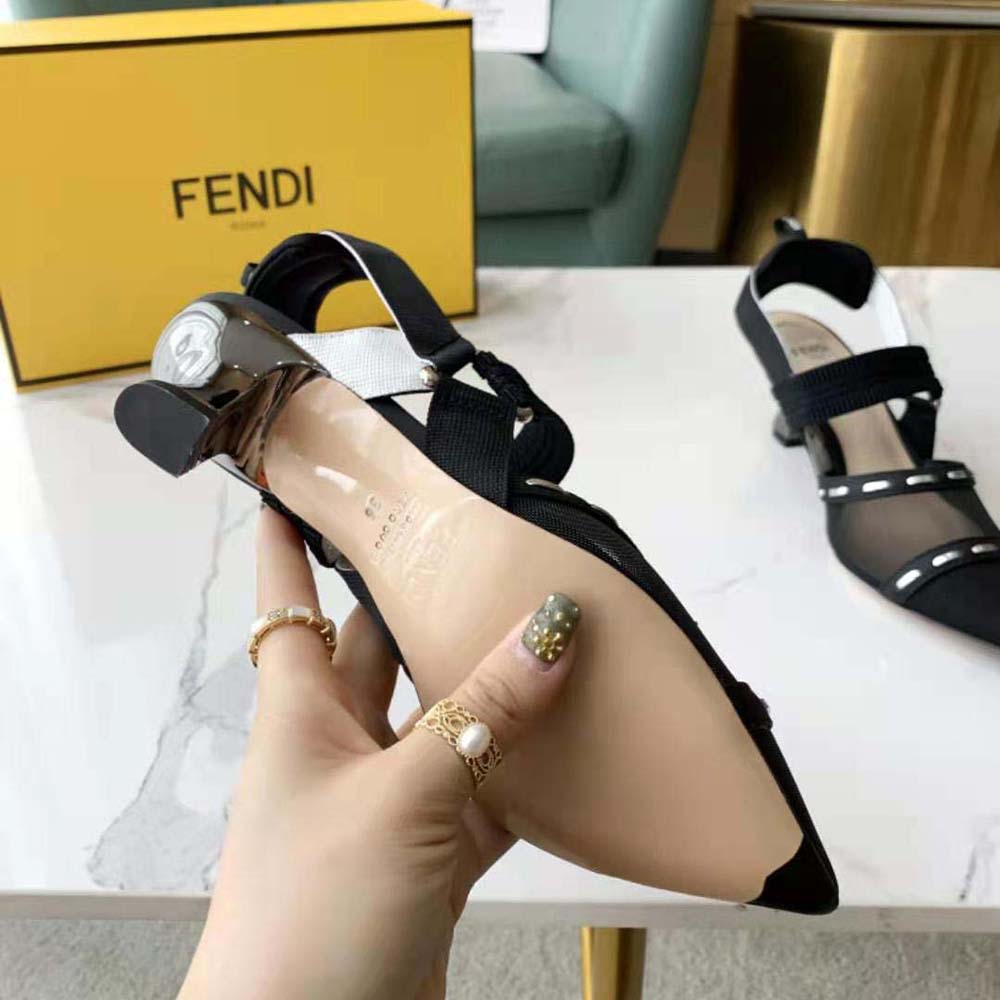 Fendi Women Colibri Black Mesh Medium-Heel Slingbacks with Metal Stitches
