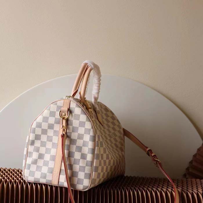 Louis Vuitton LV Unisex Speedy 30 Damier Azur Coated Canvas Natural Cowhide Leather