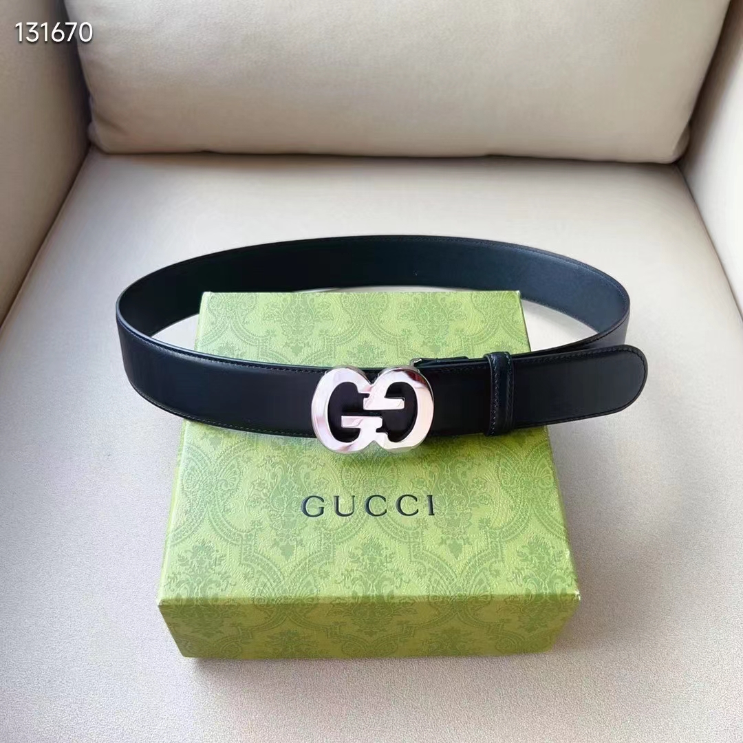 Gucci GG Unisex Buckle Wide Belt Black Leather Double G 4 CM Width