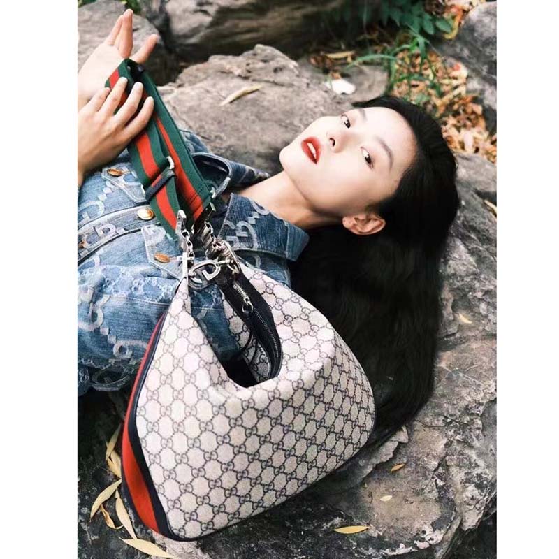 Gucci Women GG Attache Large Shoulder Bag Beige Blue GG Supreme Canvas