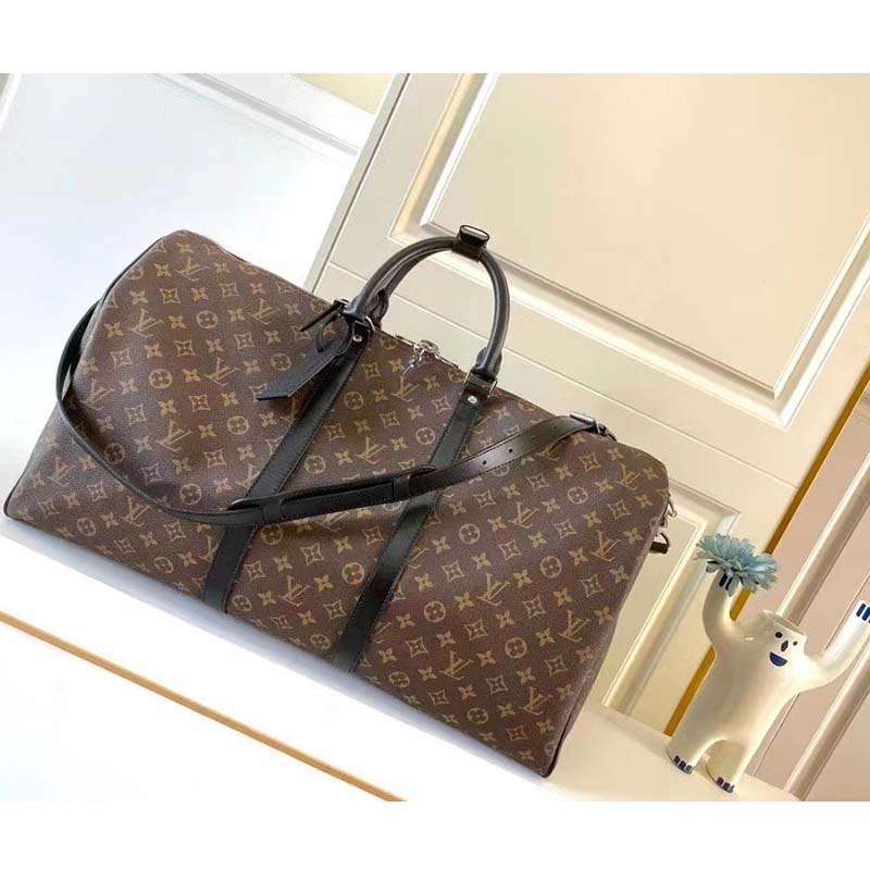 Louis Vuitton LV Unisex Keepall Bandoulière 55 Monogram Canvas Natural Cowhide Leather