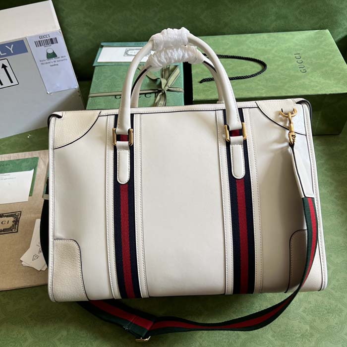 Gucci Unisex GG Bauletto Medium Top Handle Bag White Leather Double G