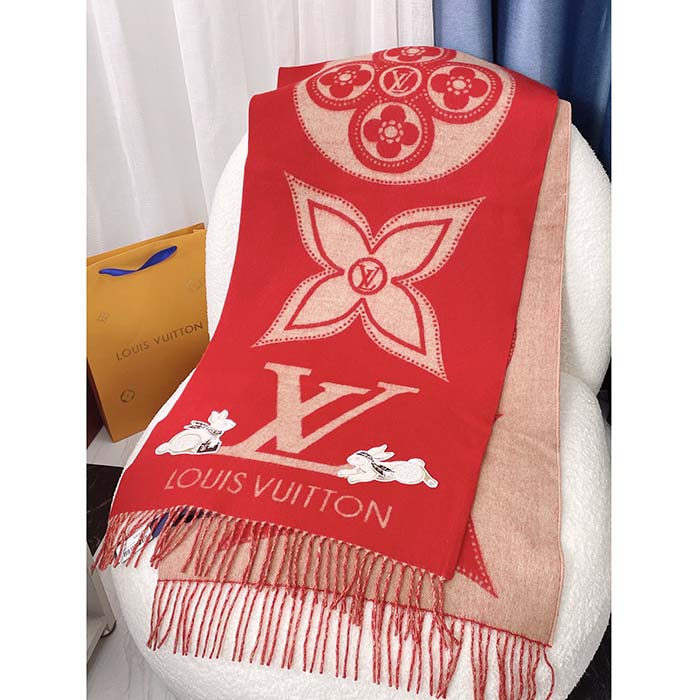 Louis Vuitton LV Unisex Precious Rabbit Reykjavik Scarf Red Cashmere Monogram Flowers