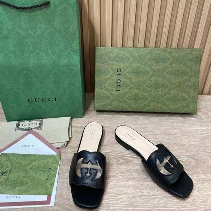Gucci Women Interlocking G Cut Out Slide Sandal Black Leather Flat