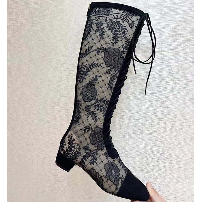 Dior Women Shoes CD Naughtily-D Boot Black Transparent Mesh Suede Embroidered Roses