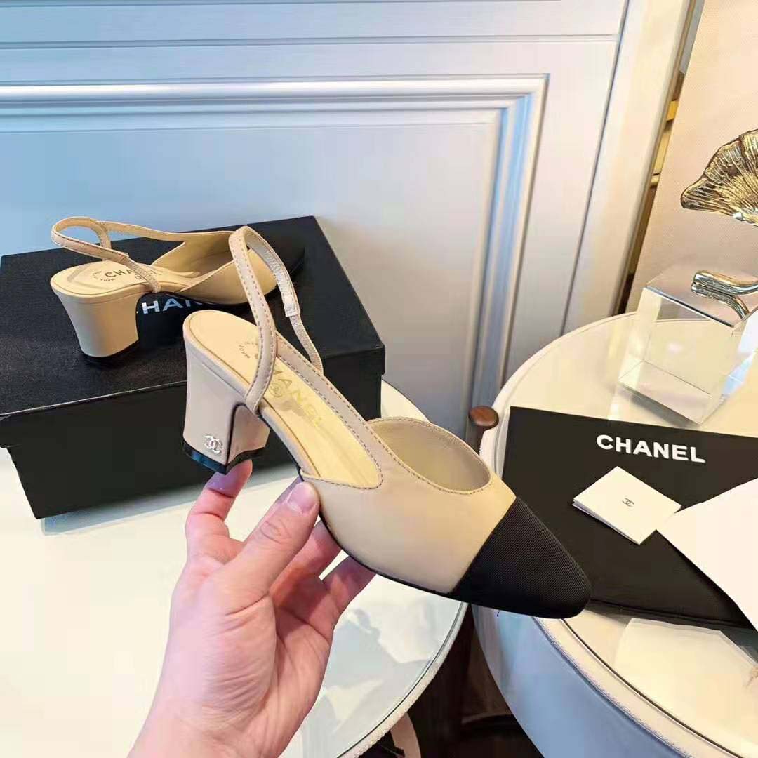 Chanel Women Slingbacks in Goatskin & Grosgrain 6.7 cm Heel-Sandy
