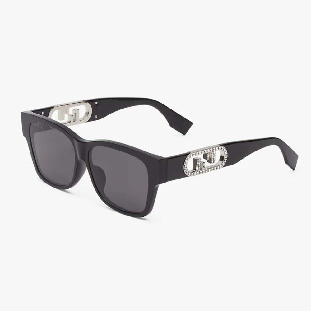 Fendi Women O’Lock Black Acetate Sunglasses with Logo in Crystals
