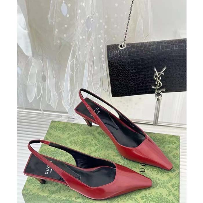 Gucci Women GG Slingback Pump Dark Red Leather Interlocking G Square Upper Mid-Heel