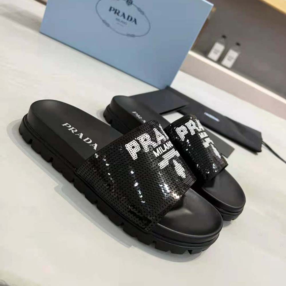 Prada Women Sequin Slides with Rubber Lug Sole are Covered All Over with Embroidered Sequins