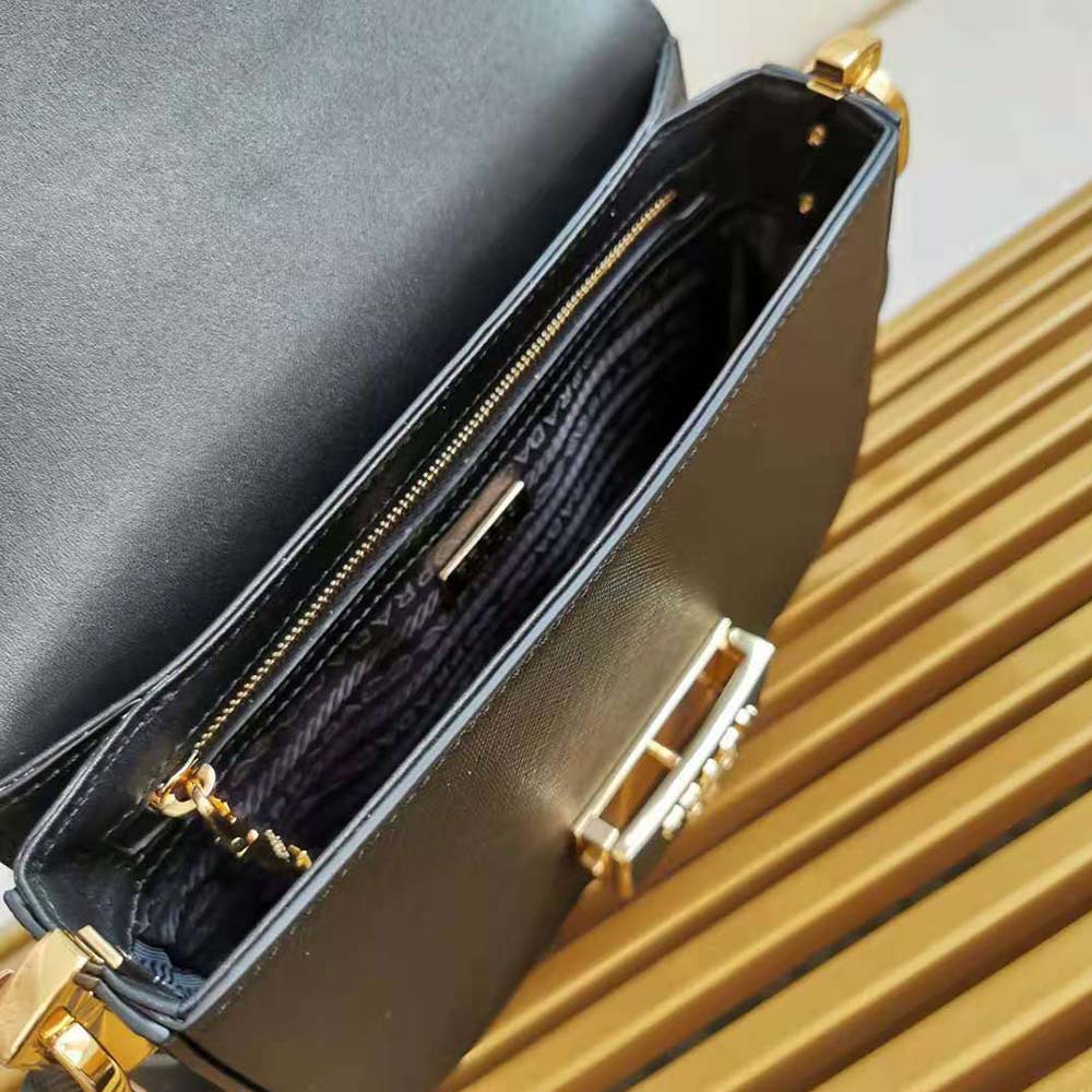 Prada Women Saffiano Leather Prada Embleme Bag-Black