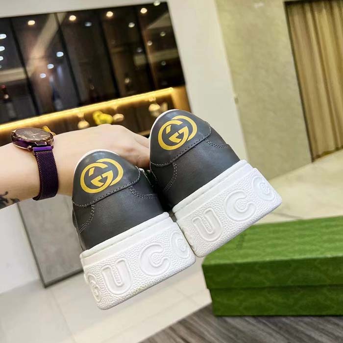 Gucci Unisex Lace-Up Sneaker Grey Leather Blue Black GG Canvas Mid 5.6 Cm Heel