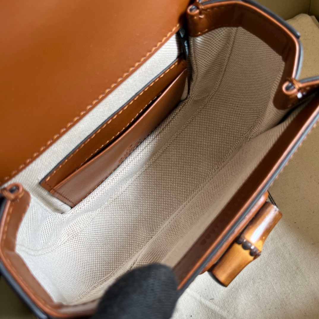 Gucci Women Bamboo 1947 Mini Top Handle Bag Beige Ebony Canvas GG Crystal