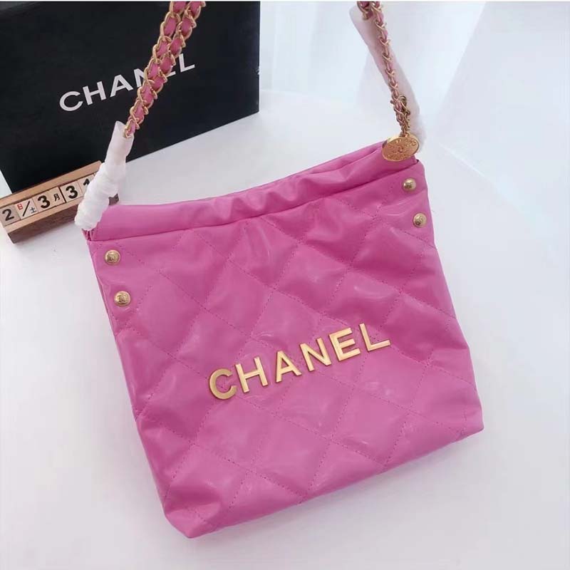 Chanel Women 22 Small Handbag Shiny Calfskin & Gold-Tone Metal Pink