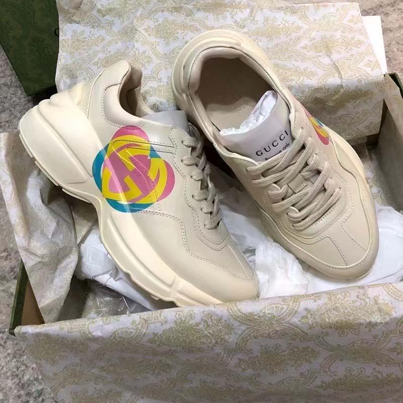 Gucci Unisex GG Rhyton Heart Sneaker Ivory Leather Interlocking G Low 5 cm Heel