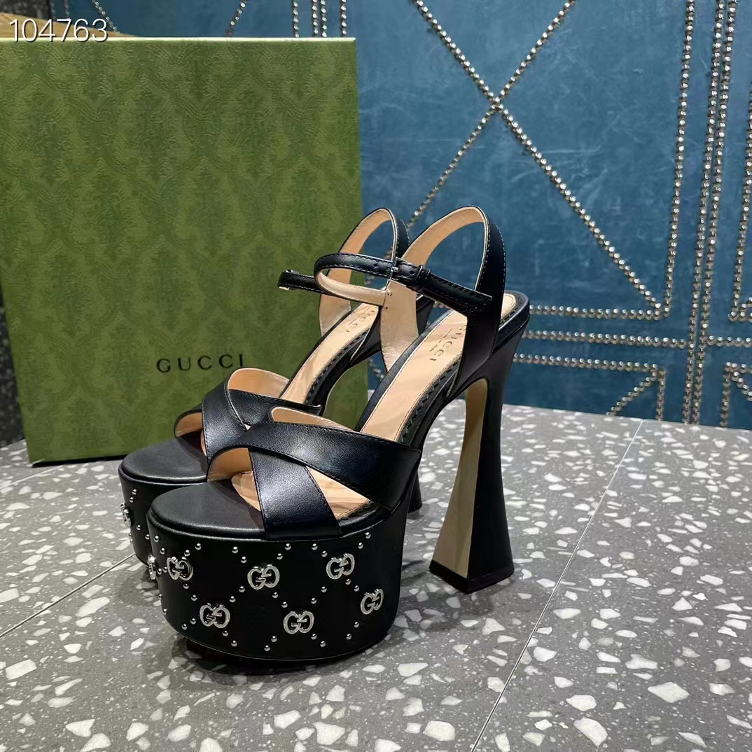 Gucci Women GG Interlocking G Studs Sandal Black Leather Spool High 15 Cm Heel