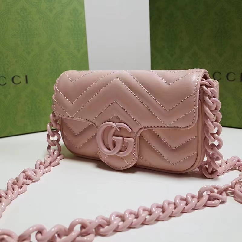 Gucci Women GG Marmont Belt Bag Pink Chevron Matelassé Leather Double G