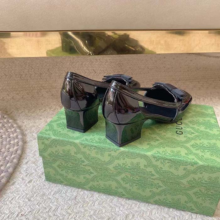 Gucci Women Pump GG Canvas Black Patent Leather Bow Leather Sole Cut-Out Block Heel