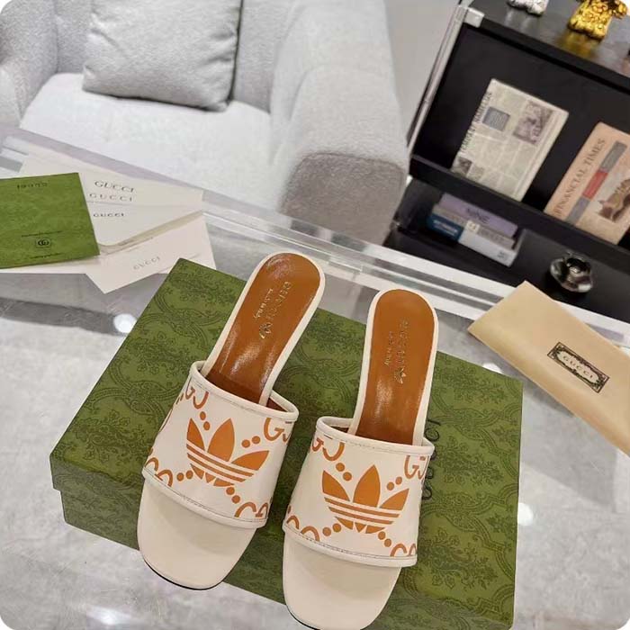 Gucci Women Adidas x Gucci Slide Sandal GG Trefoil Suede White Leather