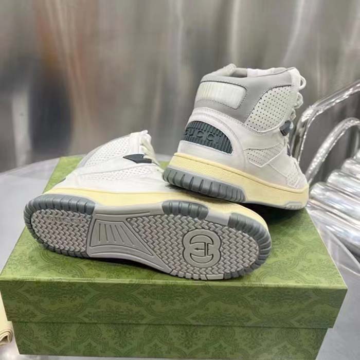 Gucci Unisex High Top Distressed Effect. Sneaker Off White Leather Interlocking G Rubber Flat