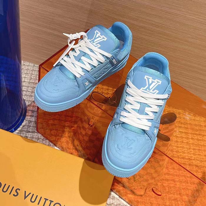 Louis Vuitton Unisex LV Trainer Sneaker Blue Monogram-Embossed Grained Calf Leather