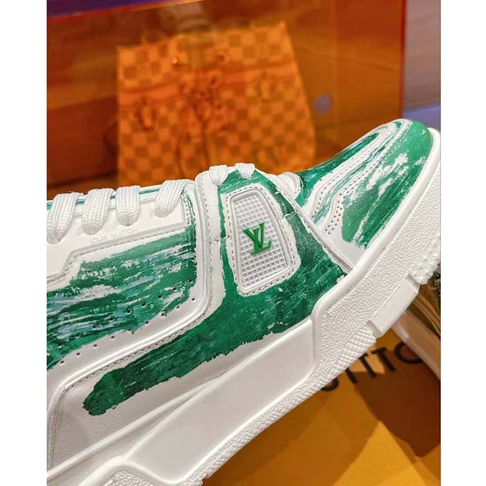 Louis Vuitton LV Unisex Trainer Sneaker Green Printed Calf Leather Rubber Outsole Monogram Flowers